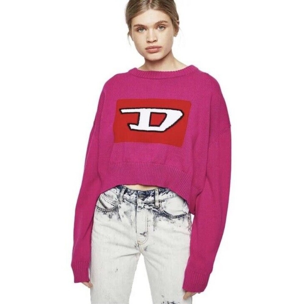 DIESEL M Linda Fuchsia round neck cropped knit sweater Sz L made in italy
